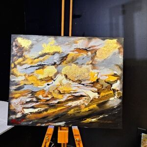 Original Abstract Gold and Black Acrylic On Canvas Art 16"x20"